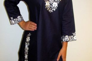Long Navy Indian Cotton Tunic with white embroidery that is a .