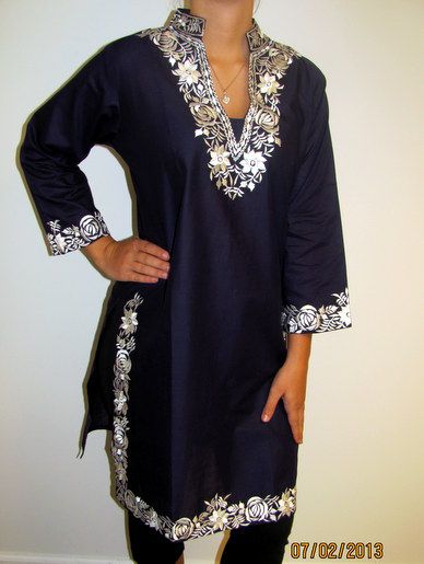 Long Navy Indian Cotton Tunic with white embroidery that is a .