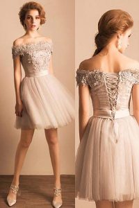 Grey Off Shoulder Elegant Style Homecoming Dresses, Short Prom .