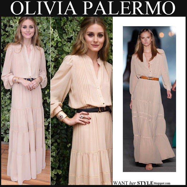 WHAT SHE WORE: Olivia Palermo in Mango beige maxi dress with black .