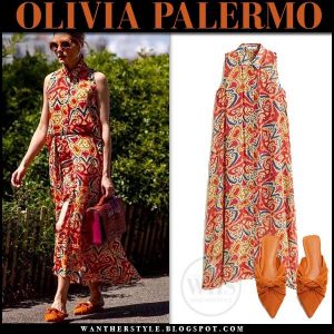 Olivia Palermo in red printed sleeveless dress and orange suede .