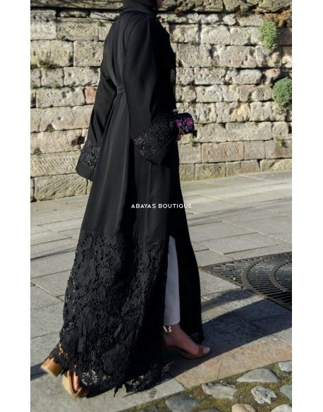 Sultana Black Floral Lace Open Abaya | Black abaya designs, Open .