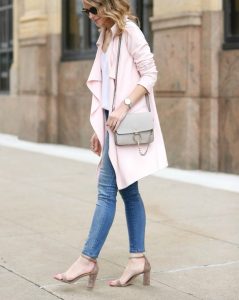 coat, top, grey bag, tumblr, pink coat, white top, denim, jeans .