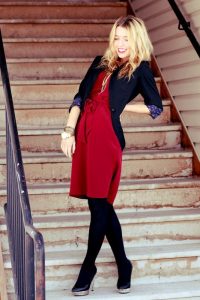 sydney from the Daybook. love the dress | Red dress black tights .