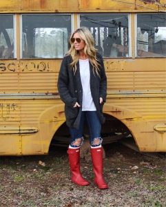 coatigan outfit, hunter boots, red hunter boots outfit | Casual .