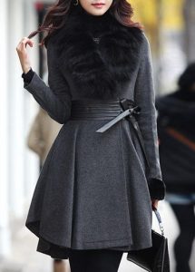 Hidden Clasp Faux Fur Collar Dark Grey Coat on sale only US$57.28 .